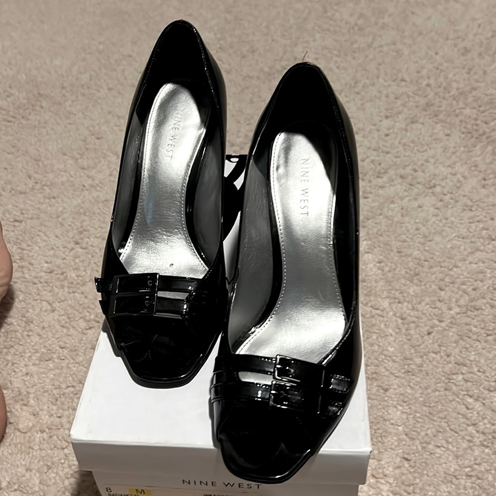 Peep Toe Patent Leather Buckle Heels.